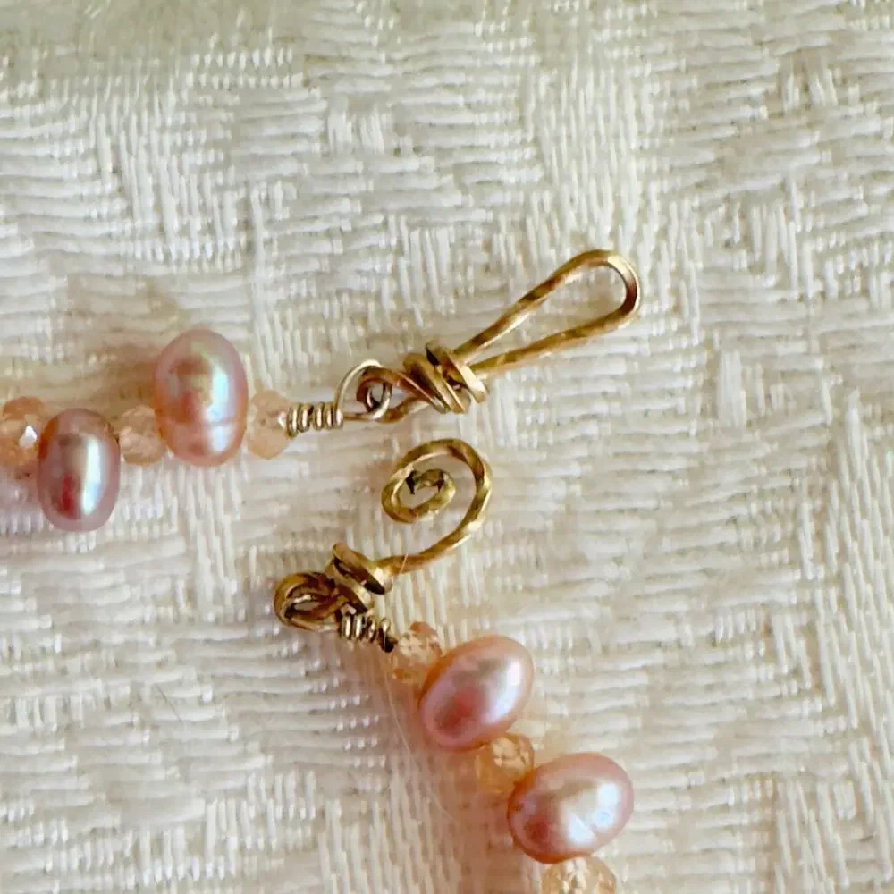 26” Fresh Water Pearls Copper Wire Ocean Jasper Necklace Estate Find Pink Gray